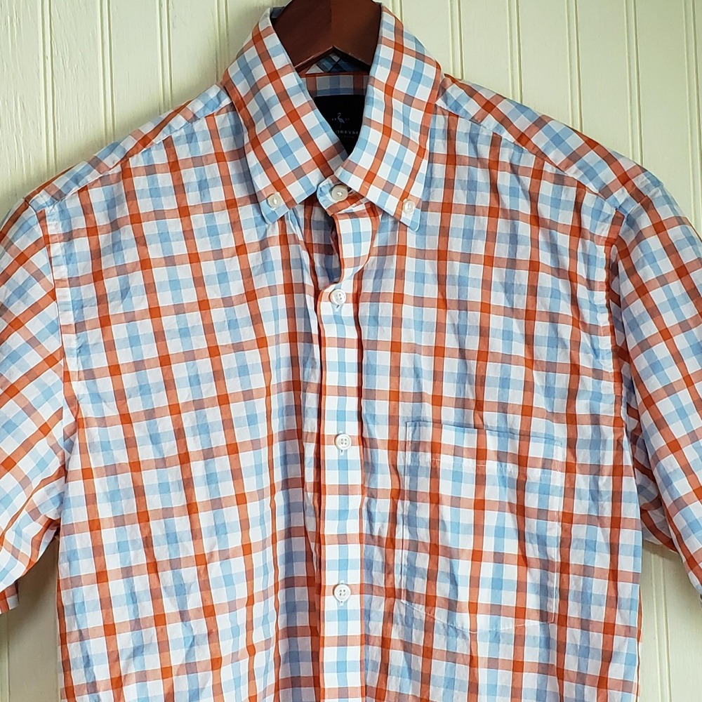 Tailorbyrd Shirt Mens Medium Orange Blue Plaid Short Sleeve Button Up Casual